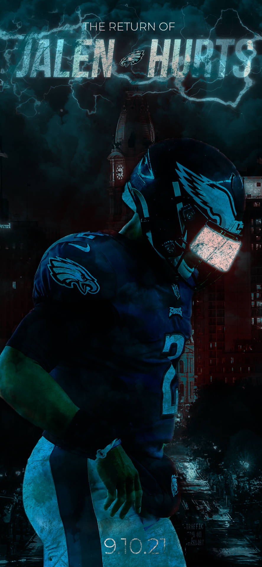 足球員身穿老鷹隊球衣，在暴風雨的城市燈光下，文字為「The Return of Jalen Hurts」。