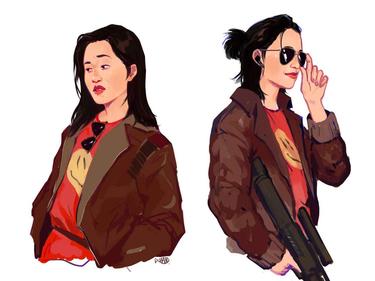 賈恩船長 太空清道夫 壁紙 — 兩個插圖女性穿著棕色外套和紅色襯衫，其中一個拿著步槍同時調整太陽眼鏡。