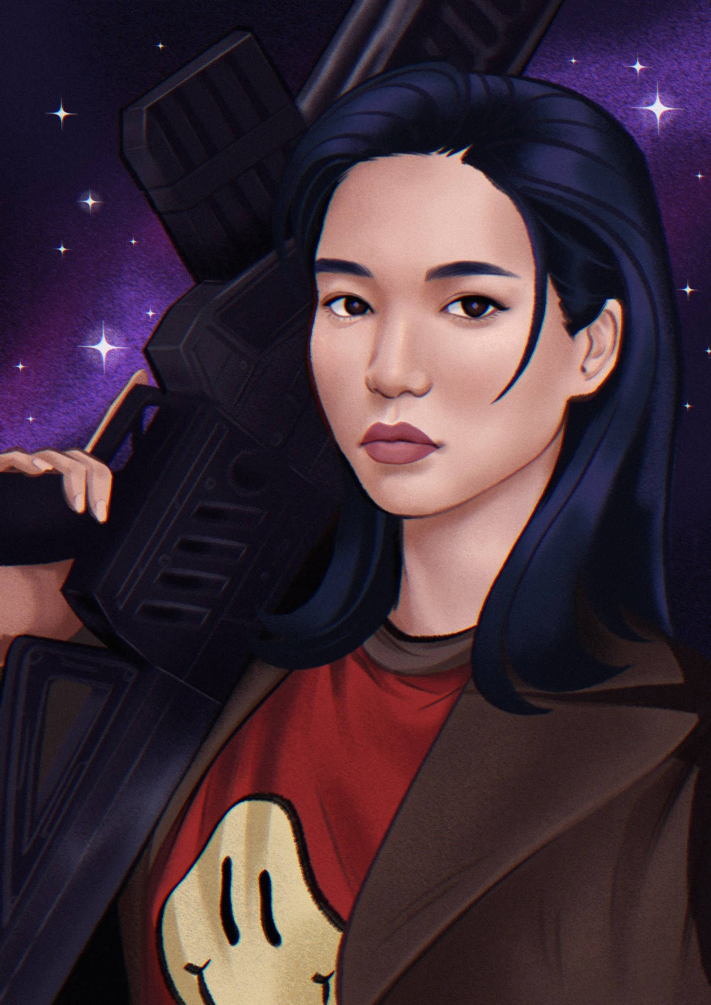 賈恩船長 太空清道夫 壁紙 — 一個堅定的深色頭髮女人，在繁星點點的紫色夜空下，手持一把未來風格的步槍。