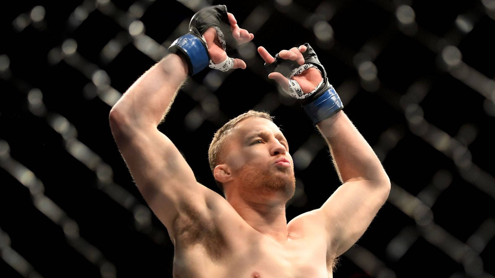 MMA拳手在八角籠內高舉雙臂慶祝勝利。