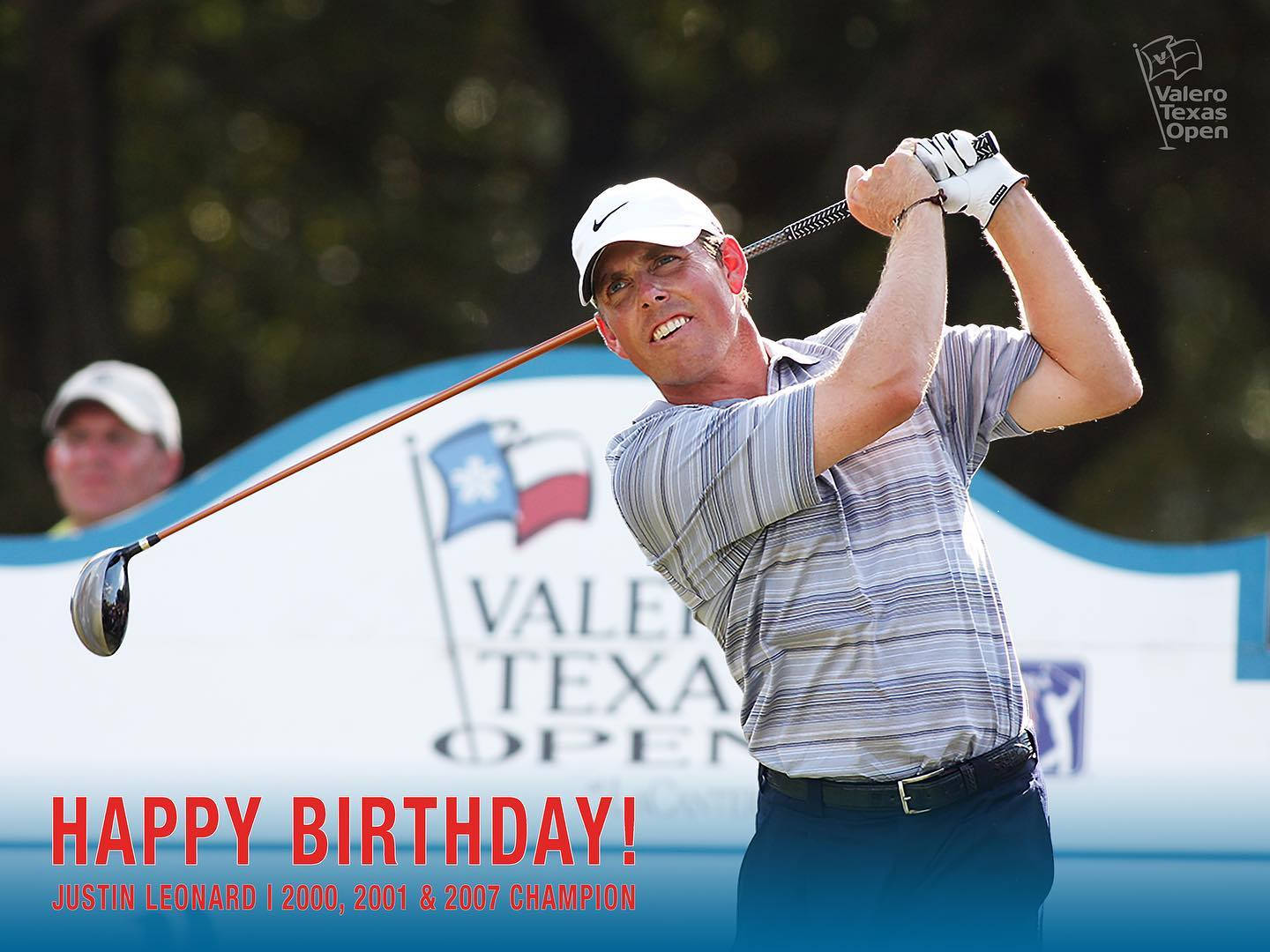 賈斯汀·雷納德生日快樂 壁紙 — 高爾夫球手Justin Leonard在Valero Texas Open中揮桿，並疊加生日祝福訊息。