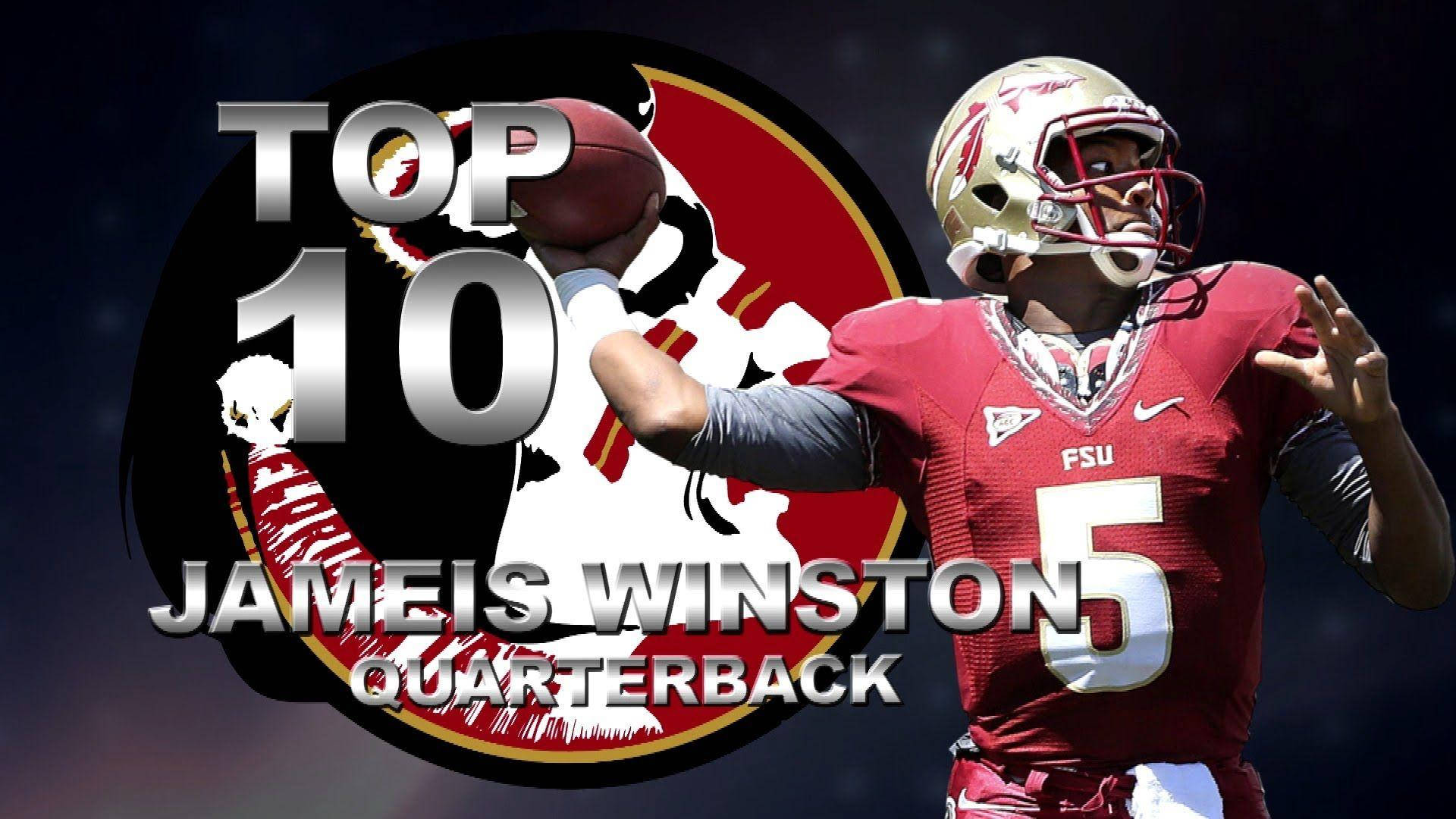 賈梅斯·溫斯頓四分衛Photoshop作品 壁紙 — 美式足球四分衛Jameis Winston身穿紅色FSU球衣，在深色背景前傳球，帶有「TOP 10」圖案。