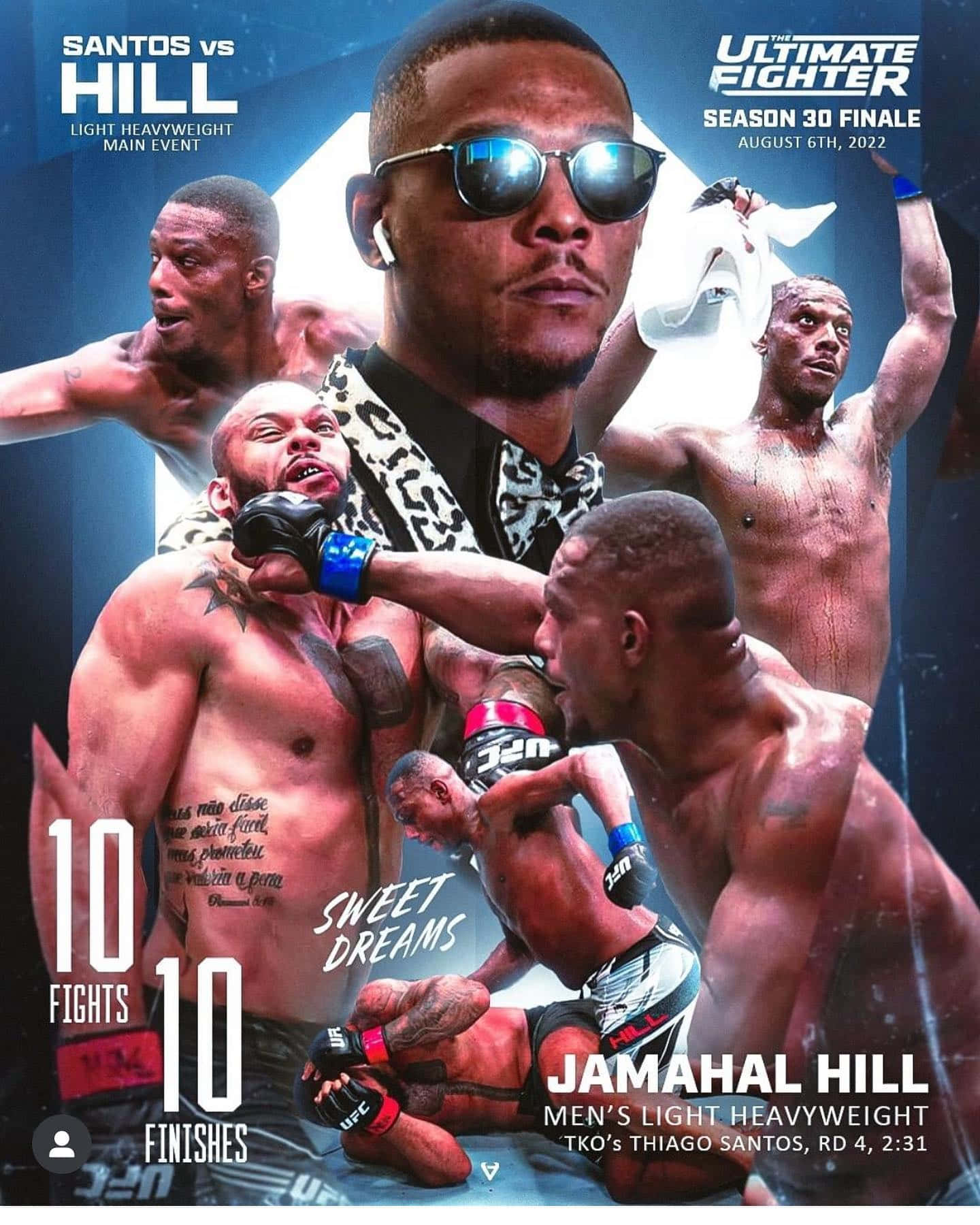 UFC拳手Jamahal Hill在The Ultimate Fighter第30季決賽的宣傳海報中慶祝他的10勝0負戰績。