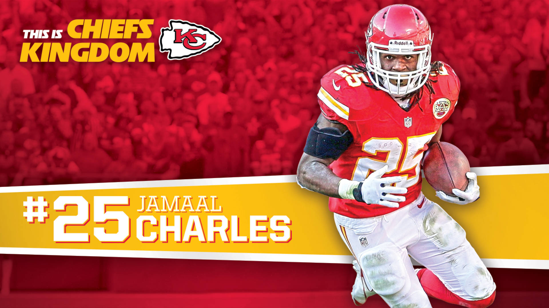 美式足球運動員 Jamaal Charles 身穿酋長隊制服帶球奔跑。