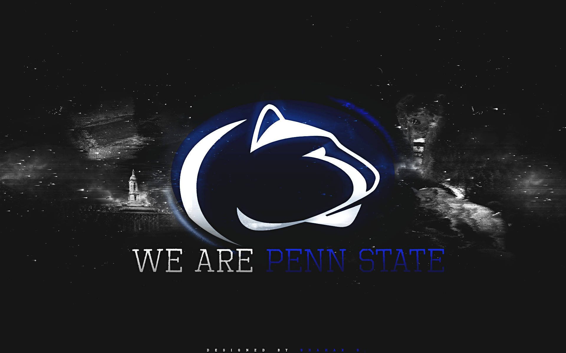 賓夕法尼亞州立大學尼塔尼獅子標誌，帶有「We Are Penn State」文字，背景為星空夜空。