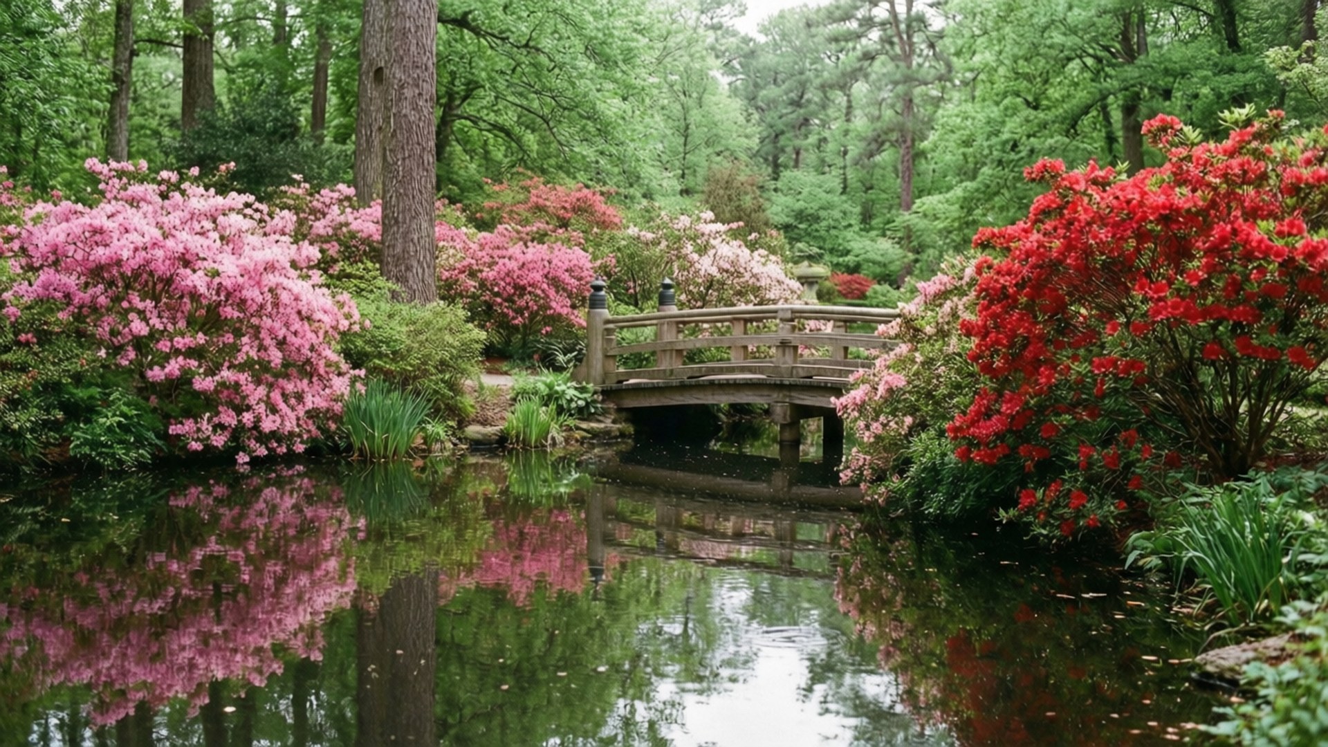 賓格拉特花園春景 壁紙 — 一座木橋拱起在平靜的池塘上，倒映著鮮豔的粉紅色和紅色開花灌木，周圍環繞著茂密的綠樹。