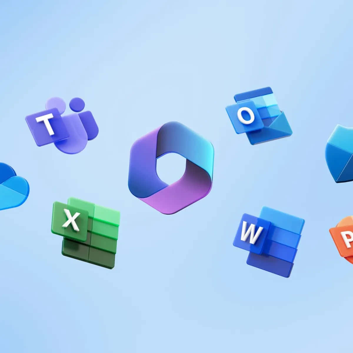 浮動的 Microsoft 365 應用程式圖標，包括 Teams、Excel、Word 和 Outlook。
