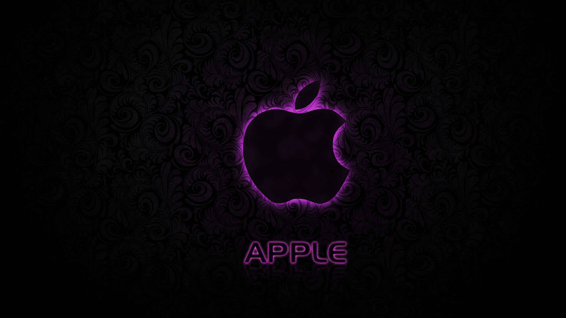 質感黑紫美學蘋果圖 壁紙 — 一個發光的紫色Apple標誌，帶有華麗的漩渦紋理，在深色背景上閃耀，下方有APPLE字樣。