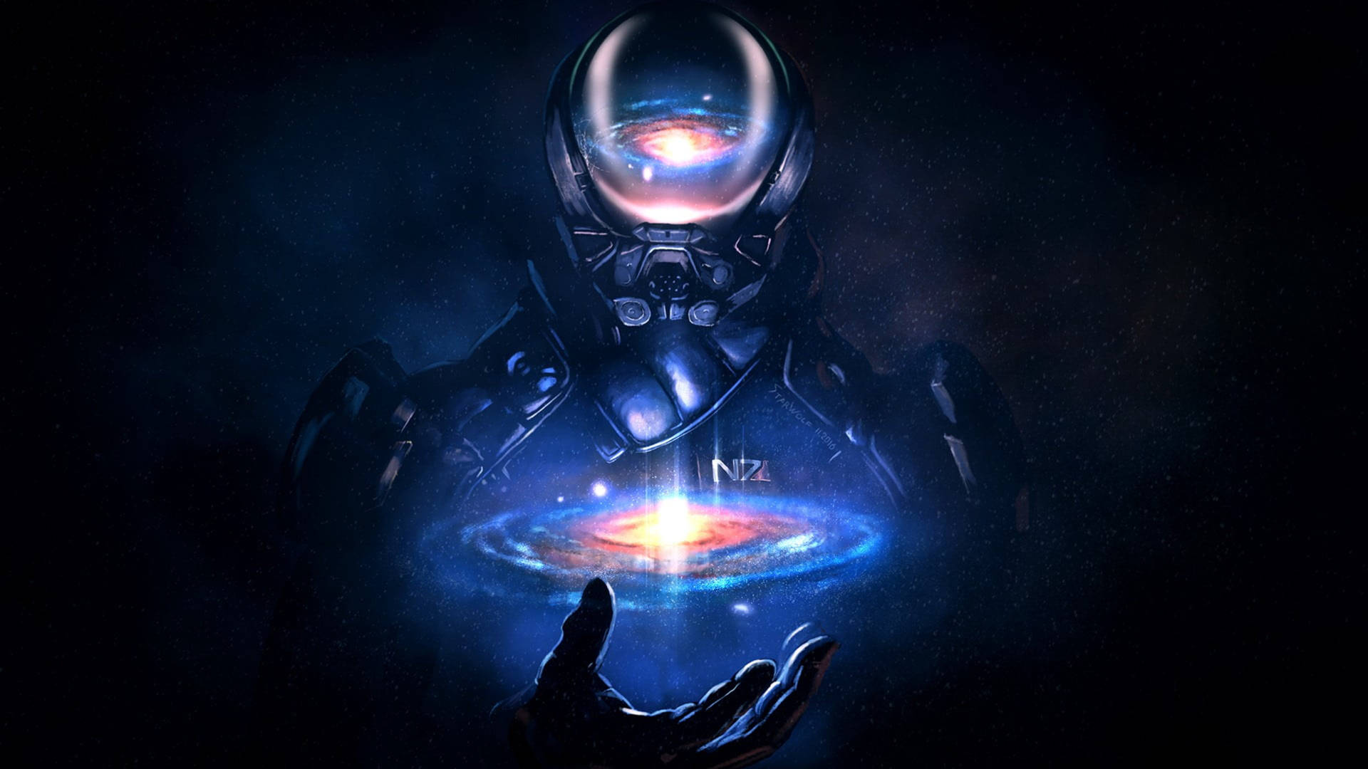 一位穿著太空衣的太空人，在星空下手掌中托著一個發光的星系。