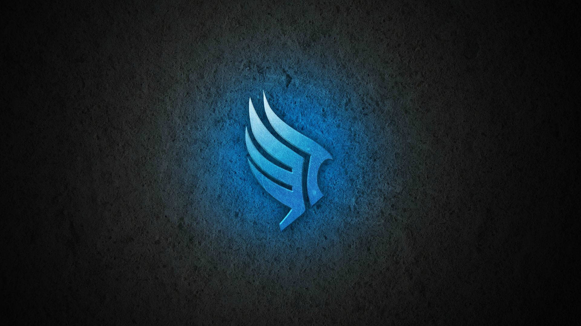 《質量效應》道德點數標誌 壁紙 — 一個發光的藍色翅膀標誌嵌入在深色紋理牆壁中，散發出柔和的光芒。