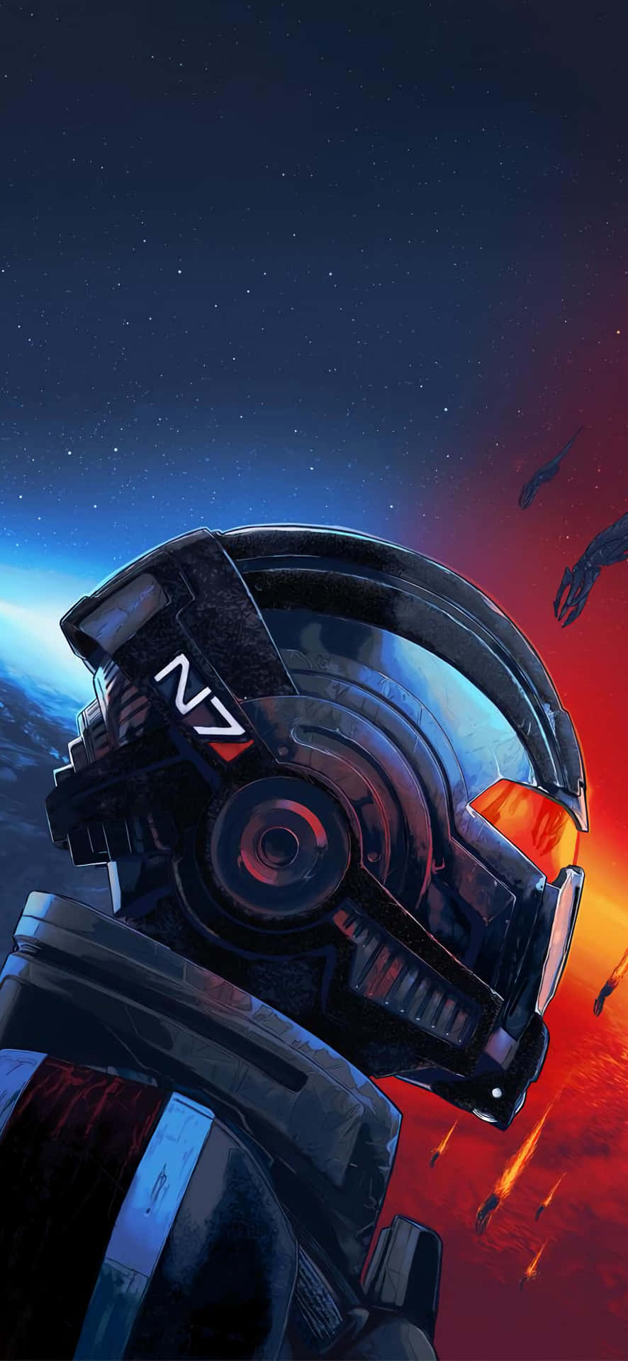 N7戰士頭盔特寫，背景為紅藍宇宙星空。