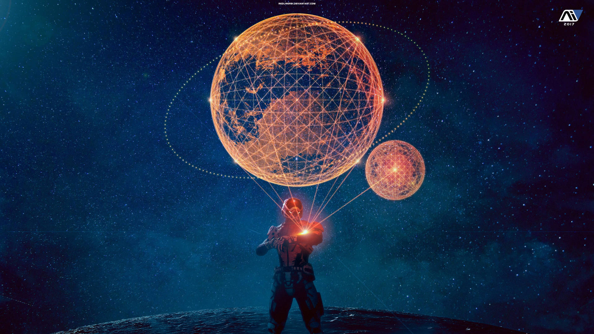 太空人在繁星點點的太空中手持發光線框行星。
