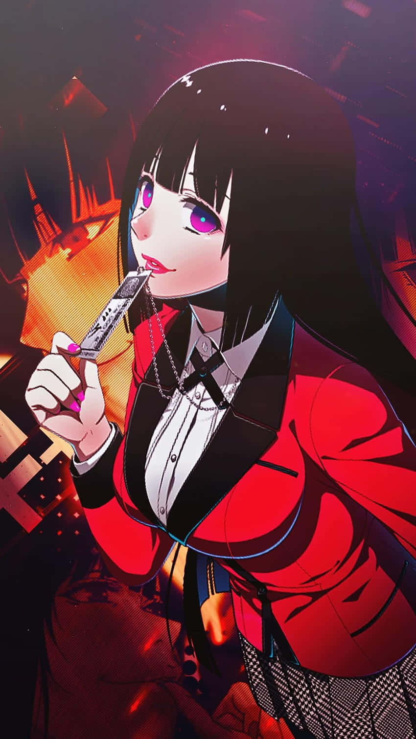 賭ケグルイ 可愛 Yumeko 圖像 壁紙 — 一個風格化的動漫女孩，黑髮紫眼，在火熱的城市背景下吸煙。