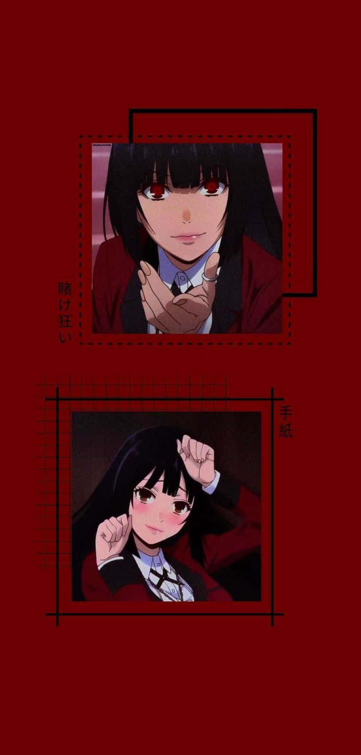 賭ケグルイ 紅色圖像 壁紙 — 兩個穿著紅色制服嘅動畫女孩，框喺深紅色背景上，有日文文字。