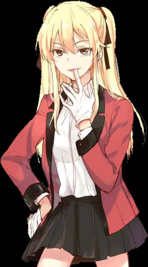 《賭博默示錄》角色沉思 壁紙 — 一個金髮動漫女孩，身穿紅色西裝外套和黑色裙子，將手指放在嘴唇上，露出頑皮的笑容。