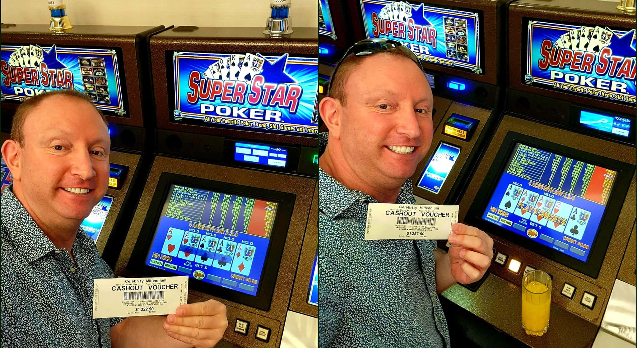 賭場內色彩繽紛的槳機集合 壁紙 — 一位開心的男子在賭場的Super Star Poker機前自豪地微笑，手持兌現券。