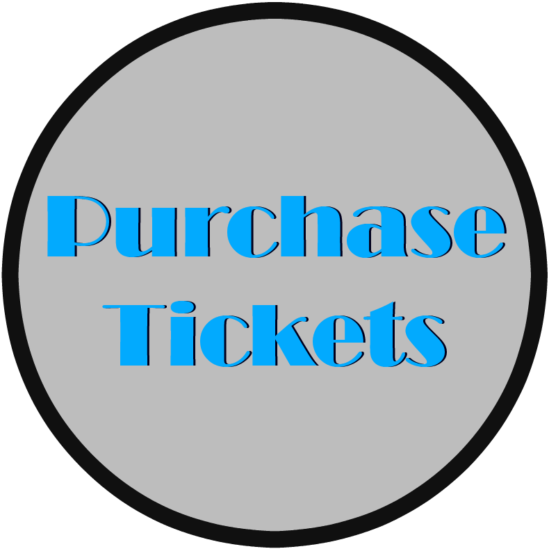 購票標誌 壁紙 — 一個簡約的灰色圓形按鈕，上面有粗體藍色文字「Purchase Tickets」，背景為黑色。