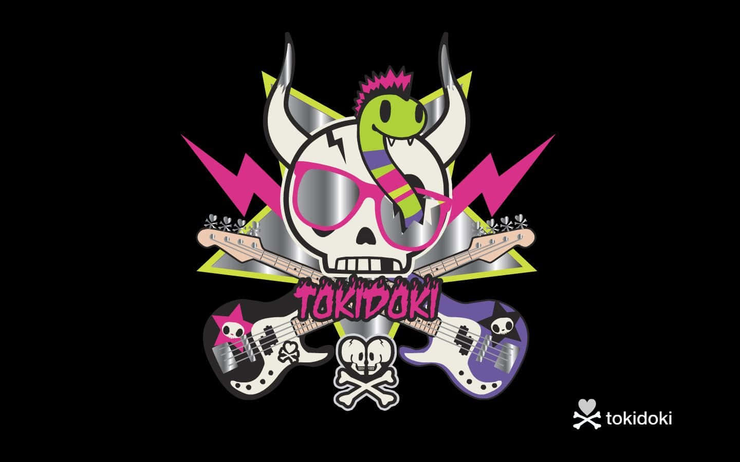 Tokidoki標誌，以骷髏頭、蛇和結他為特色，色彩大膽。