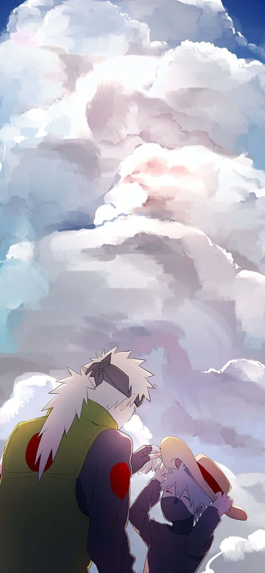 兩個動漫角色仰望柔和雲朵和陽光的天空。