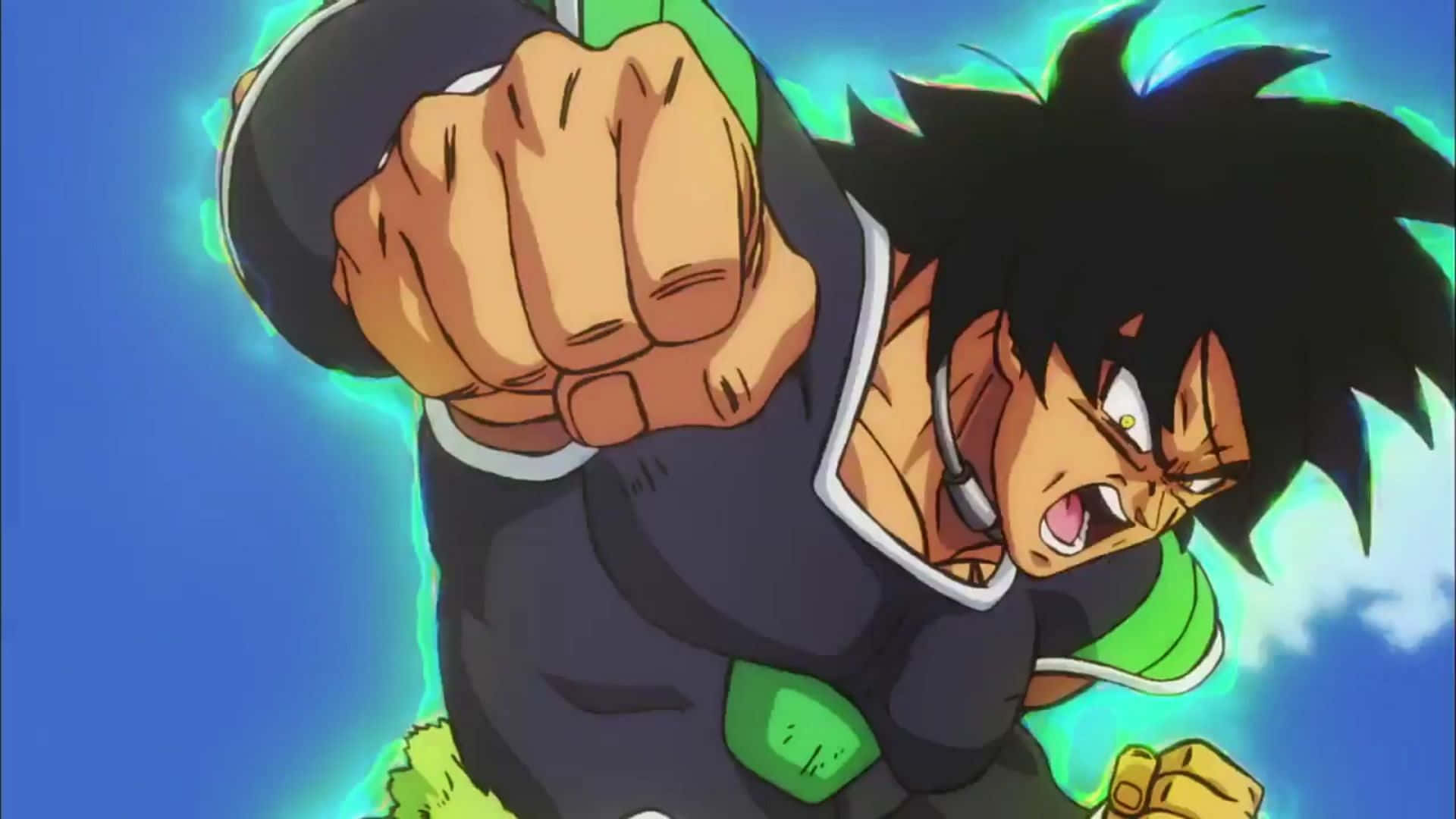 動漫戰士向前揮拳，帶有發光能量光環。