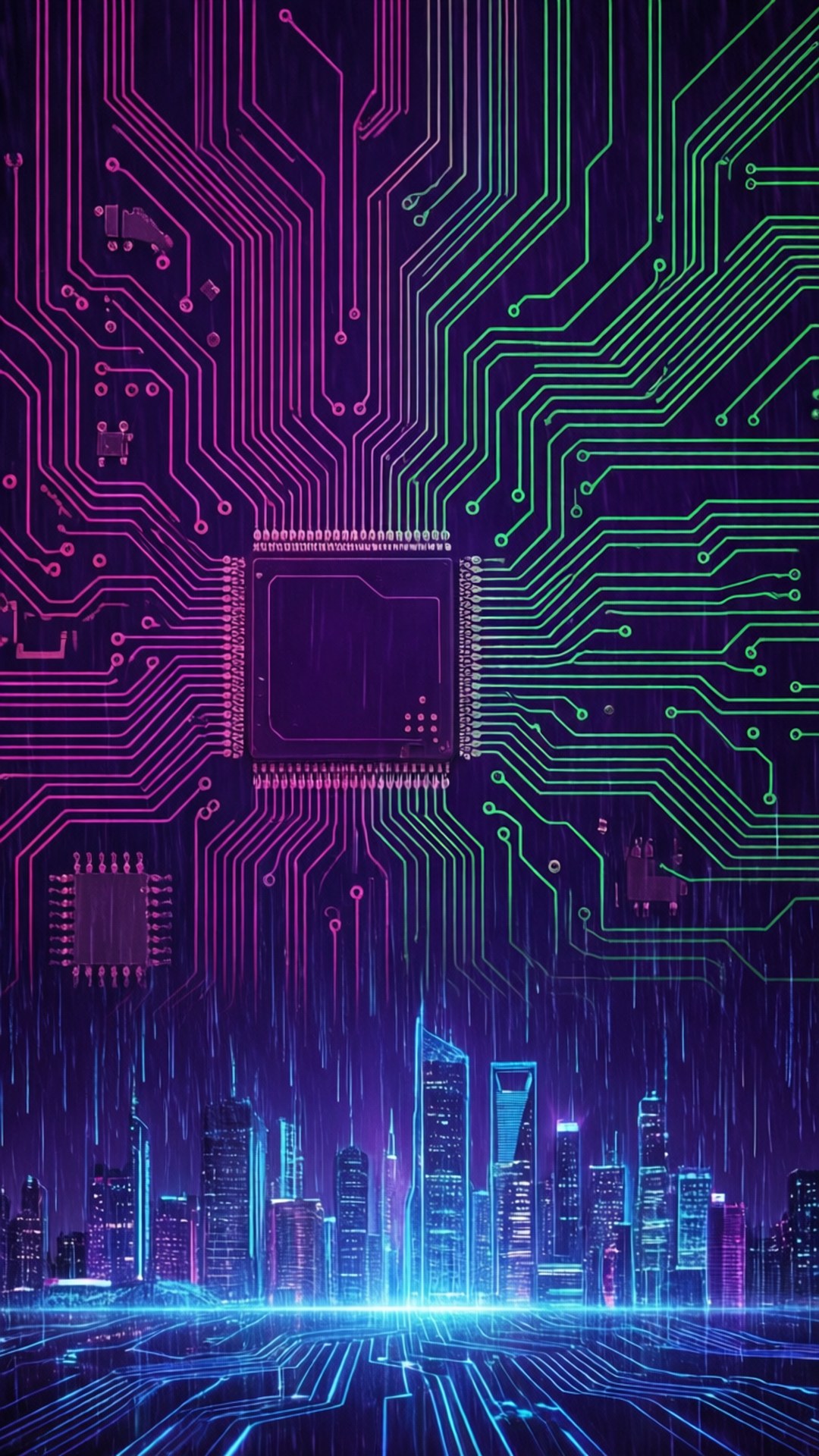 在黑暗天空下，帶有發光電路圖案和數碼雨的未来城市天際線。