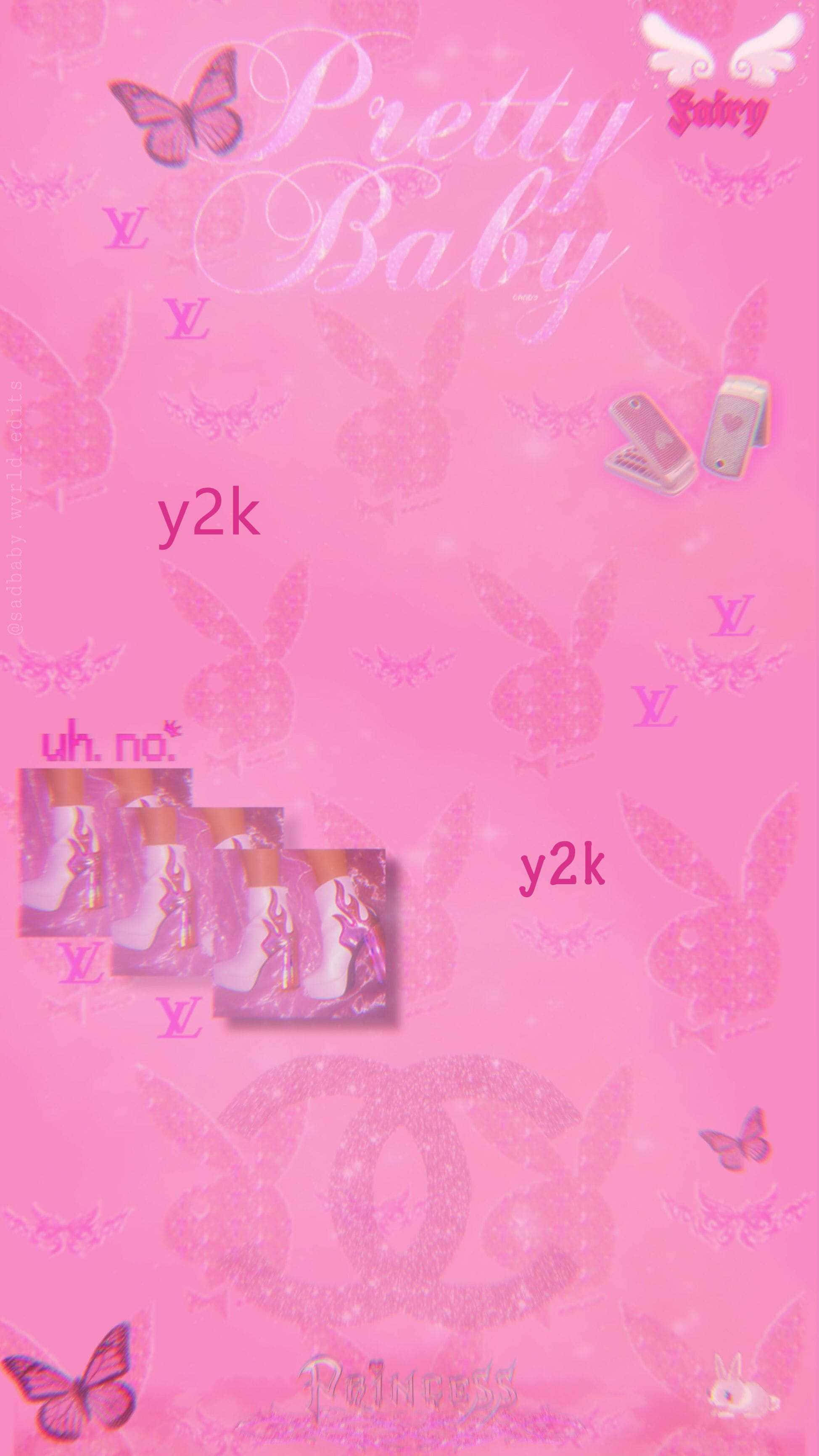 賽博Y2K甜美粉紅美學 壁紙 — 充滿活力的粉紅色 y2k 牆紙，帶有閃亮的 Playboy 兔子、蝴蝶和復古電話圖標，並有 'Pretty Baby' 文字。