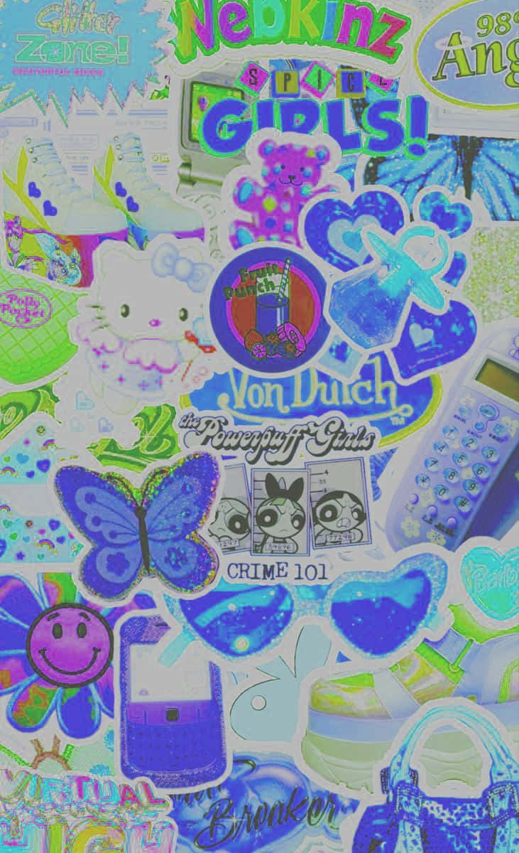賽博Y2K美學拼貼畫 壁紙 — 充滿活力的2000年代流行文化貼紙拼貼， featuring Hello Kitty、飛天小女警和霓虹閃粉設計。