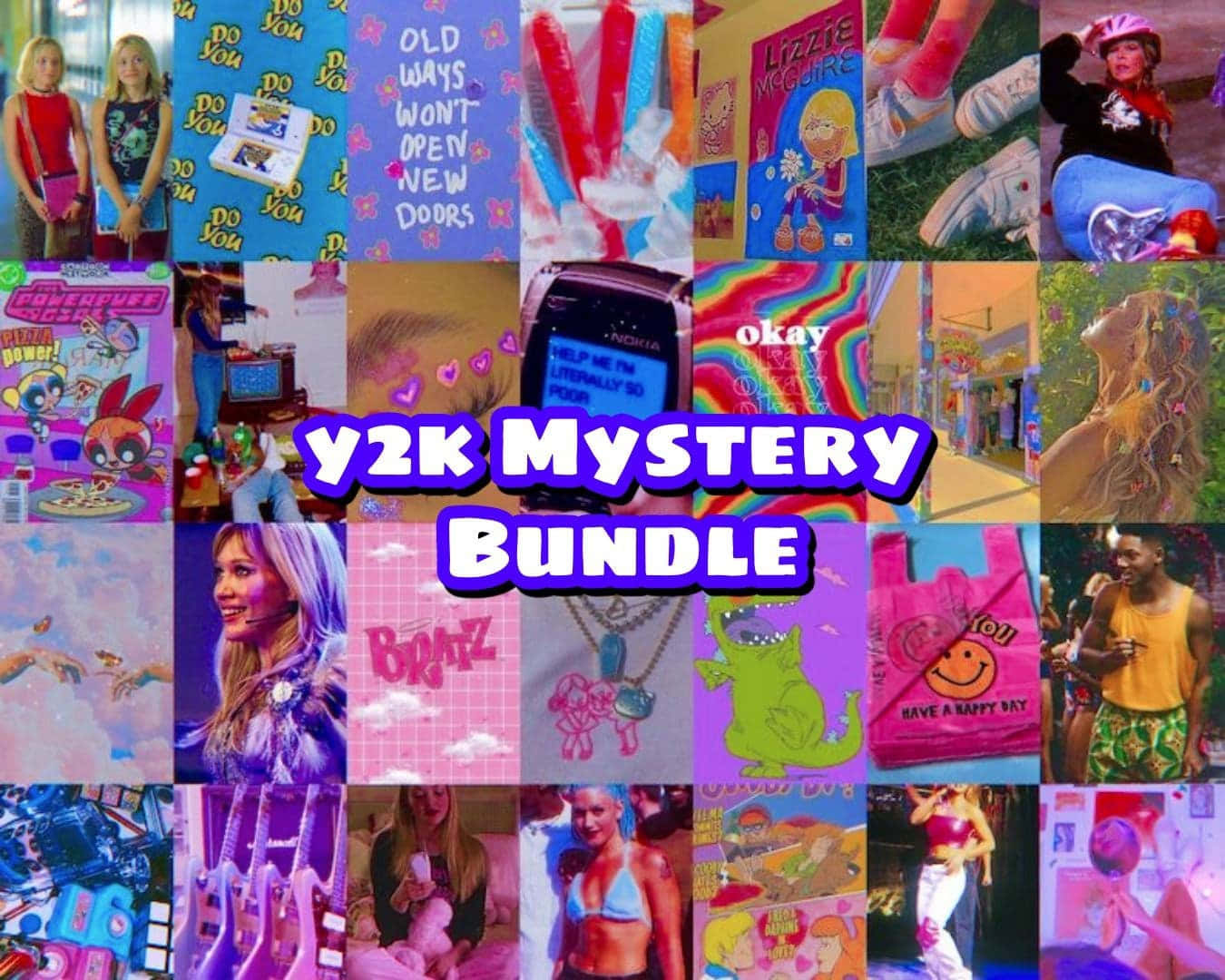 賽博Y2K美學神秘合集 壁紙 — 一幅充滿活力的Y2K時代流行文化圖標拼貼畫， featuring 卡通角色、懷舊時尚和復古科技，以鮮豔的霓虹色彩呈現。