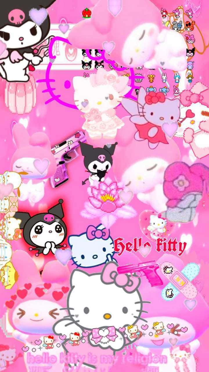 賽博Y2K風格Hello Kitty拼貼畫 壁紙 — 充滿活力的粉紅色牆紙拼貼畫， featuring Hello Kitty 和 Kuromi 角色，周圍環繞著心形、花朵和俏皮的塗鴉。