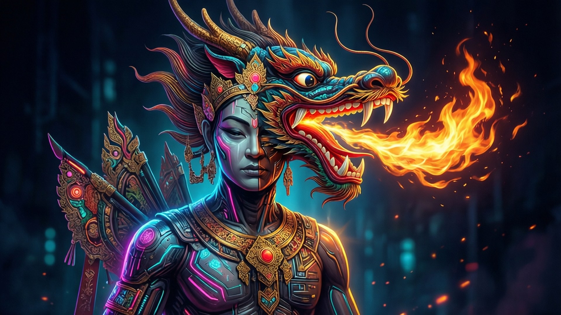 龍頭 cyberpunk 戰士喺夜晚嘅霓虹城市噴火