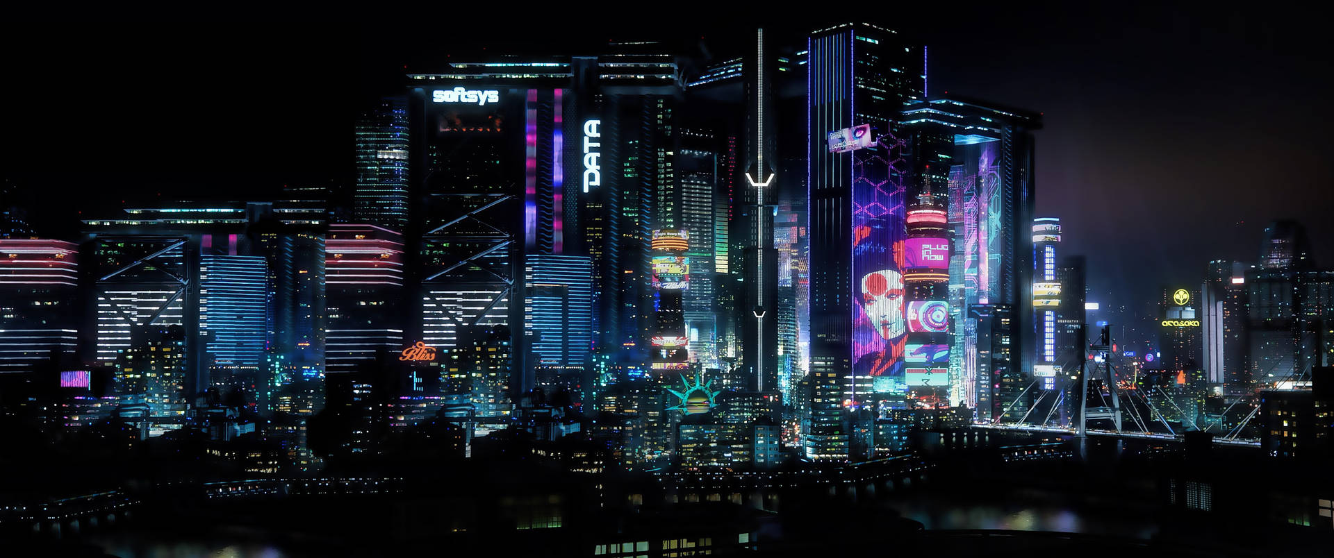 未來主義的城市天際線夜景，閃爍的摩天大樓和霓虹廣告牌倒映在水中。