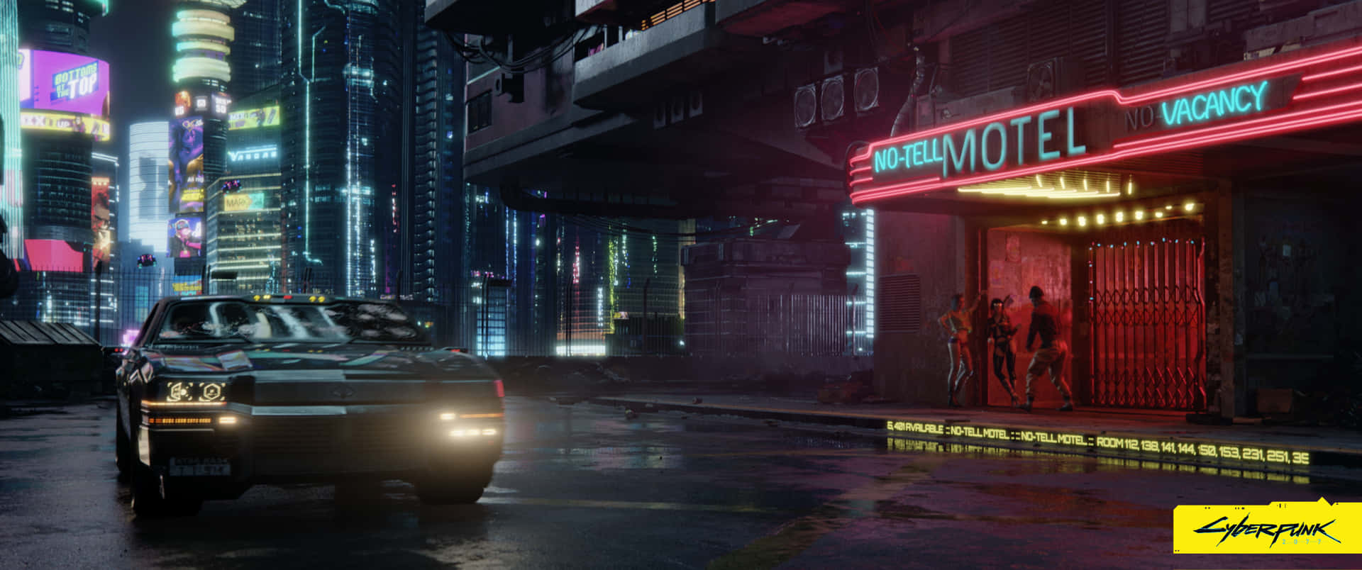 夜晚嘅 cyberpunk 城市，有車同霓虹燈汽車旅館標誌。