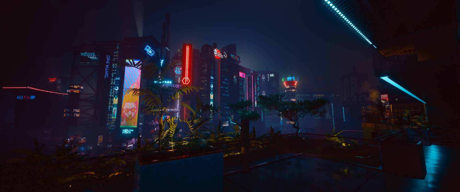 夜晚霓虹燈照亮未來城市，屋頂有雨和閃爍的廣告牌。