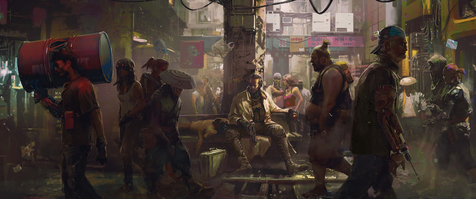 霓虹燈下，雨中人們的 cyberpunk 街道
