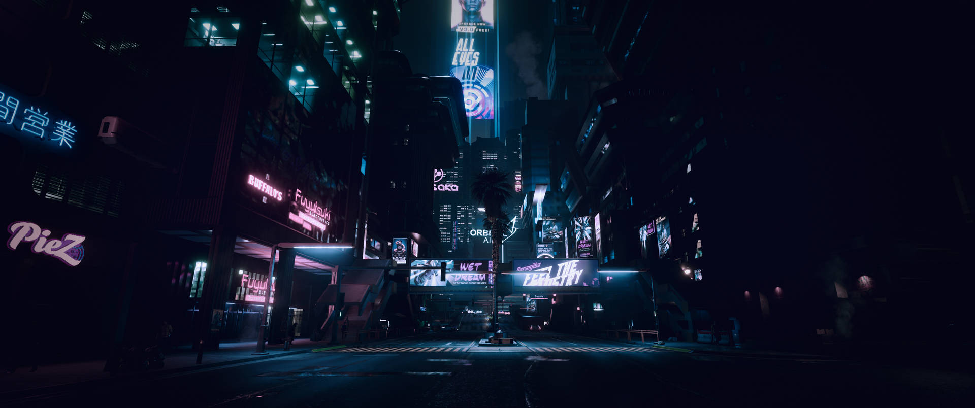 夜晚空無一人、充滿霓虹燈的賽博朋克街道，有發光的招牌和濕漉漉的人行道。