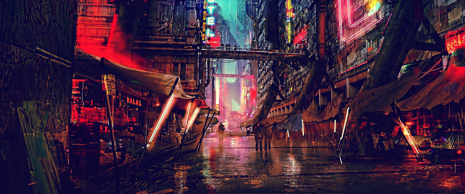 夜晚霓虹燈閃爍的科幻小巷，帶有雨水倒影和高聳建築物。