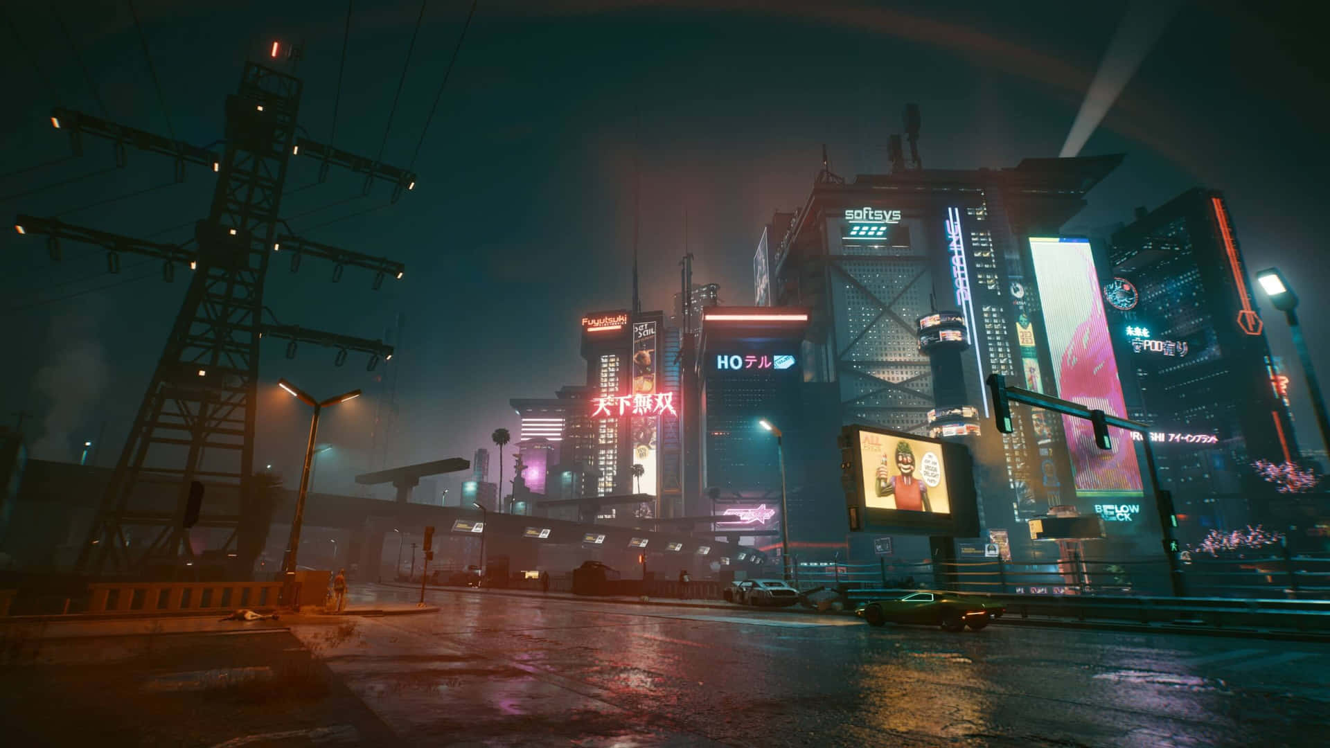 未來主義的城市夜景，霓虹燈和雨濕的街道。