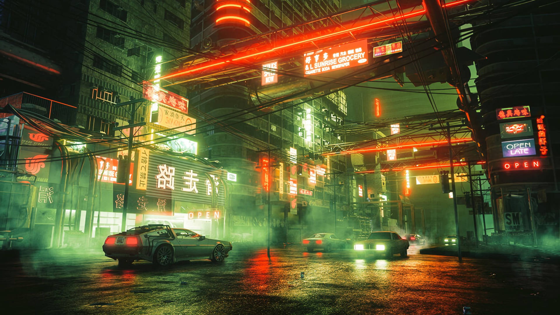 未來主義的夜晚城市街道，霓虹燈和潮濕路面反射著發光招牌和汽車。