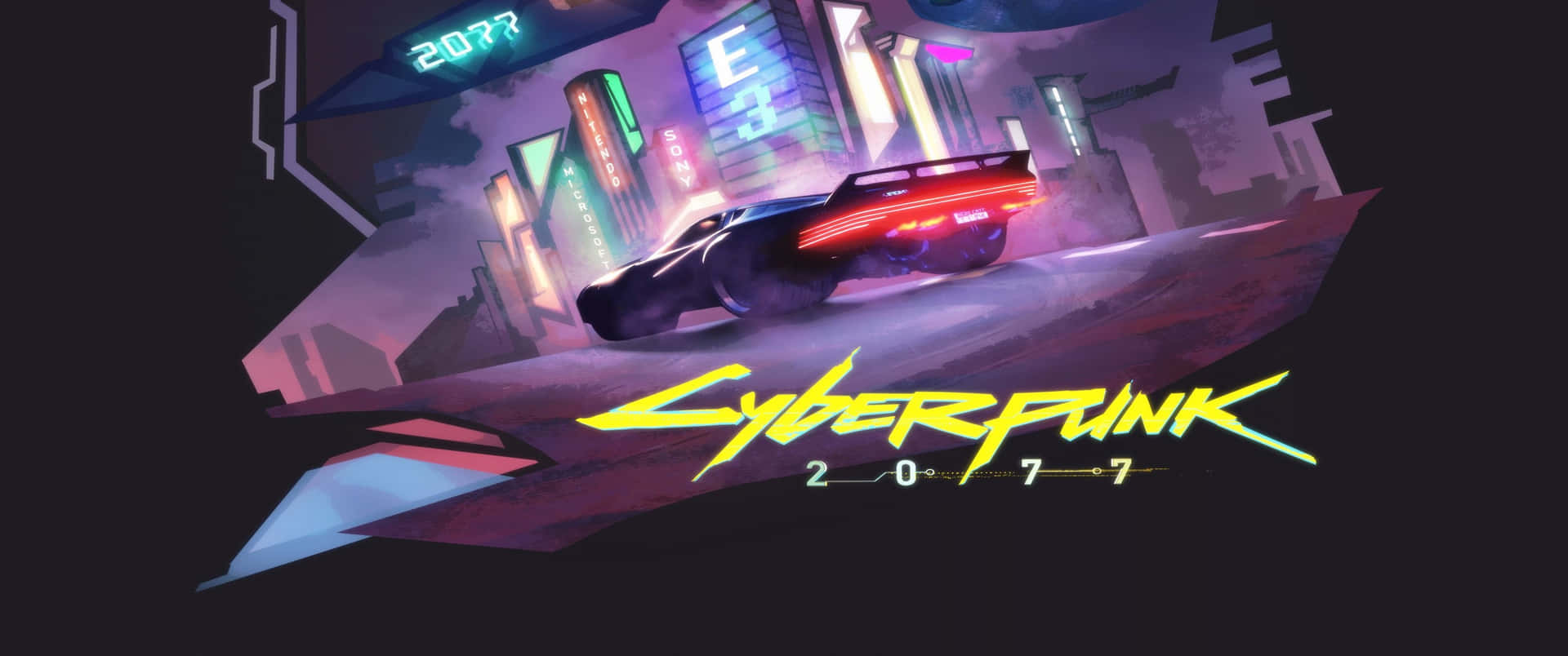 一輛黑色跑車在夜晚穿過霓虹燈浸泡的賽博朋克城市。