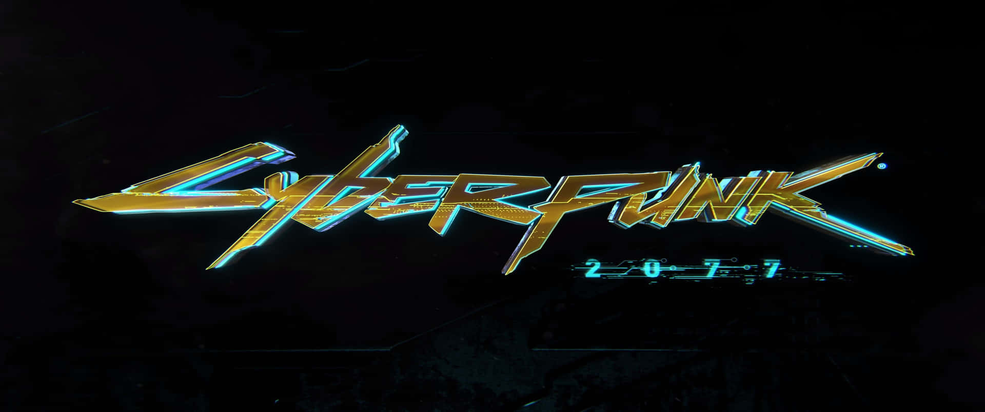 Cyberpunk 2077 標誌，在深色背景上帶有霓虹藍和金色燈光。