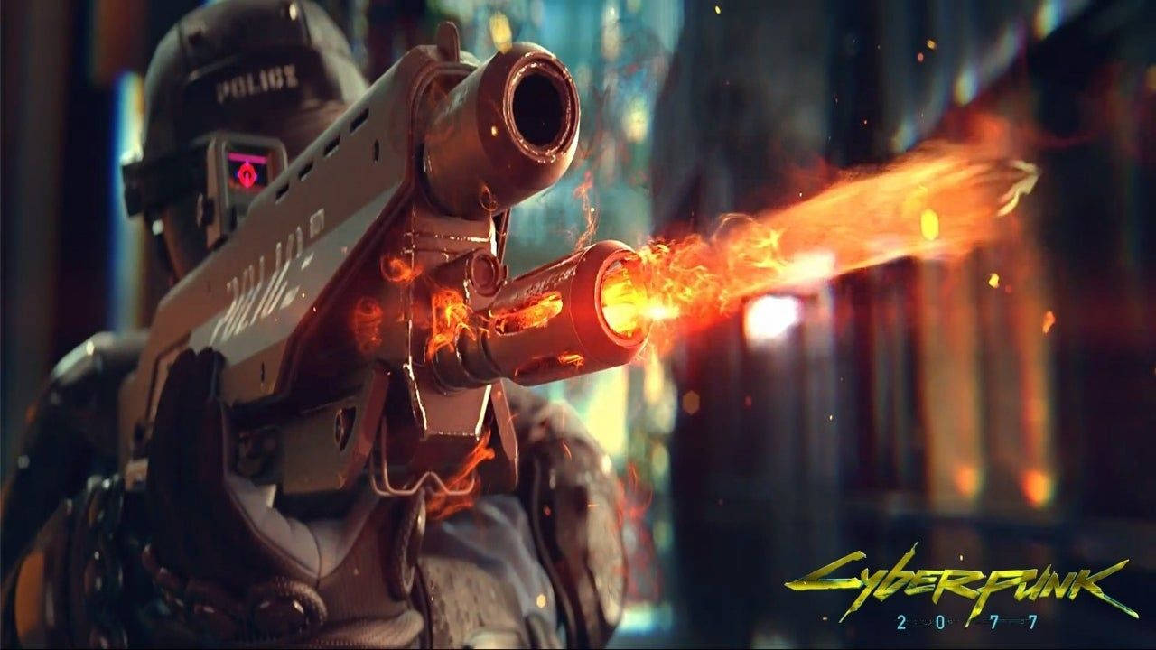 賽博龐克警察在夜晚霓虹燈閃爍的城市中發射火焰武器。