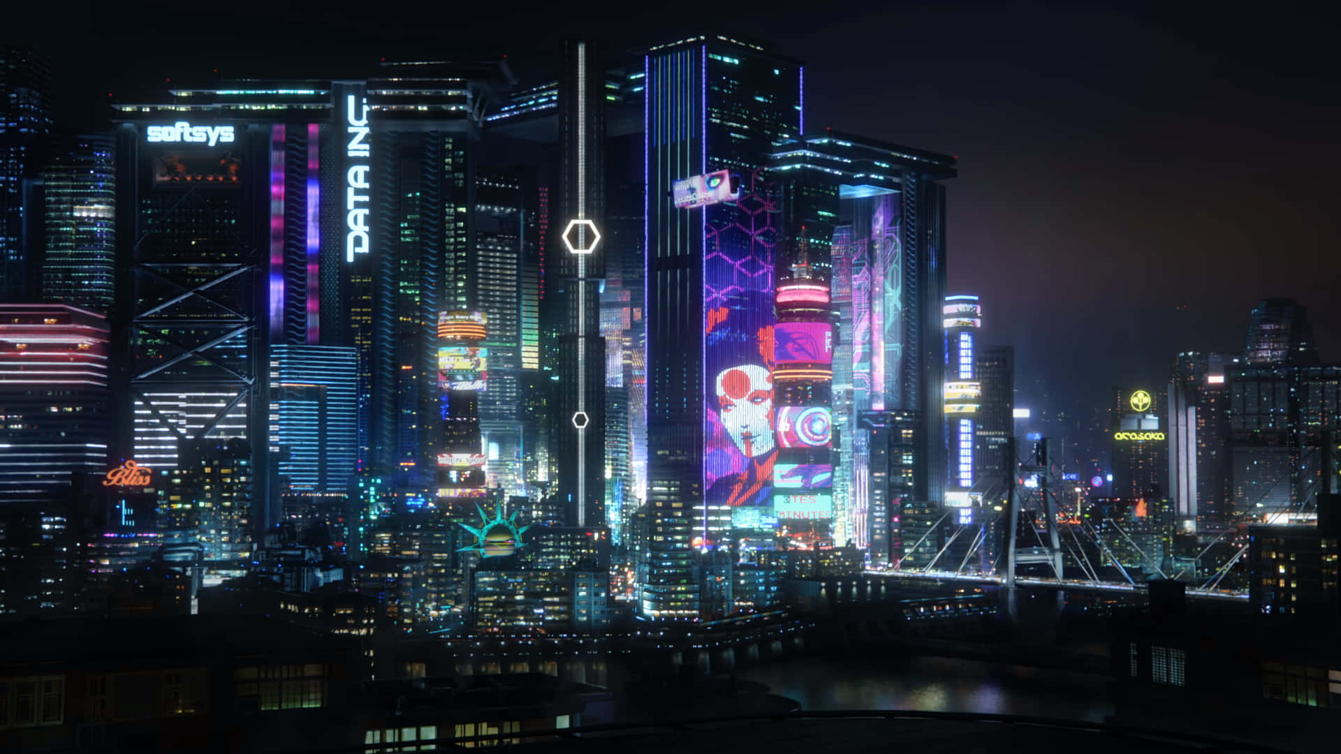《賽博朋克2077》夜之城霓虹街道的震撼視覺 壁紙 — 令人眼花繚亂的賽博龐克城市夜景，高聳的摩天大樓閃爍著霓虹燈光和全息廣告牌。