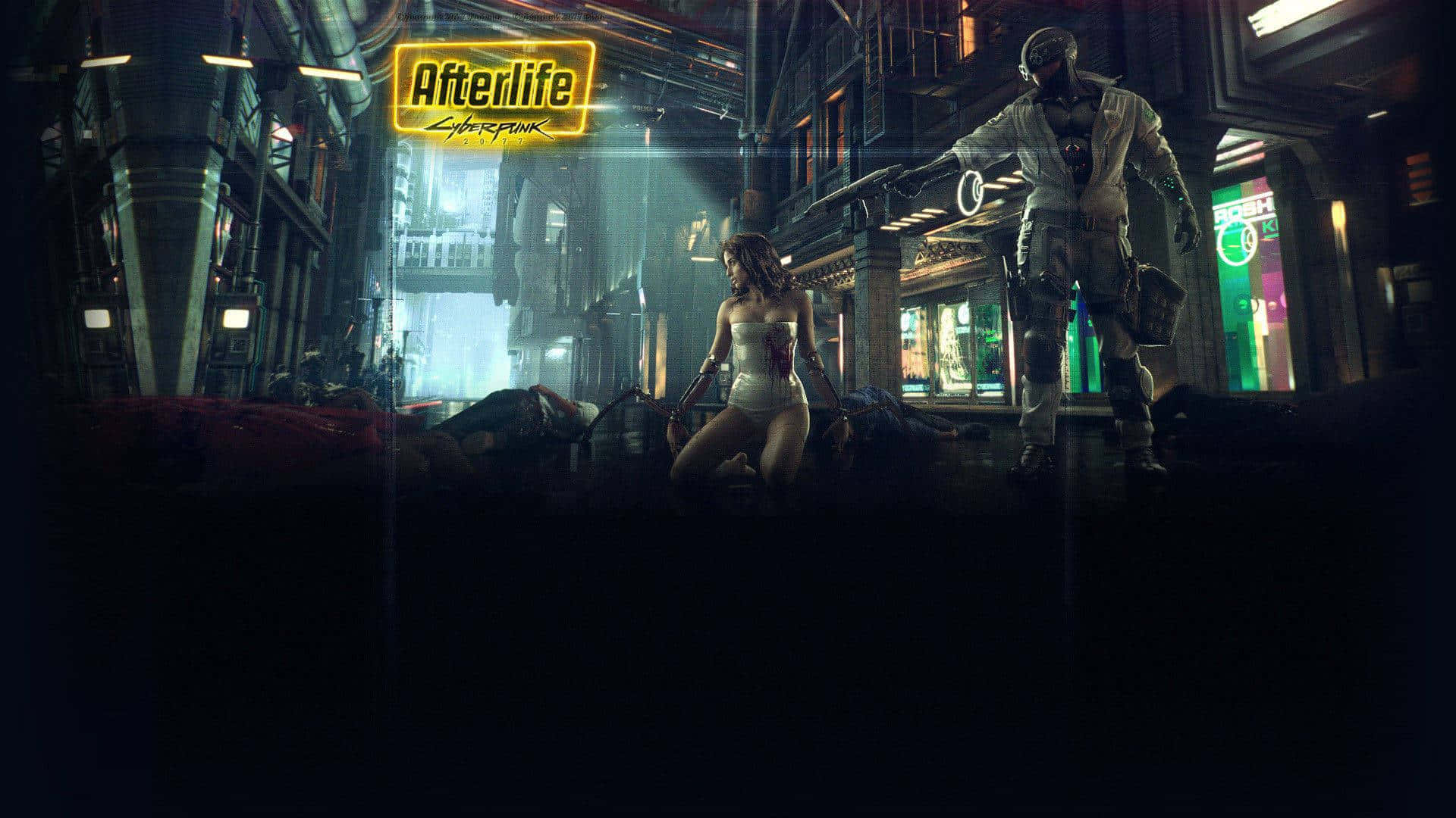 《賽博朋克2077》夜城的霓虹夜景 壁紙 — 一個賽博龐克蛇蠍美人與一名裝甲戰士站在霓虹燈照亮、雨水浸濕的小巷中，上方是發光的 'Afterlife' 招牌。