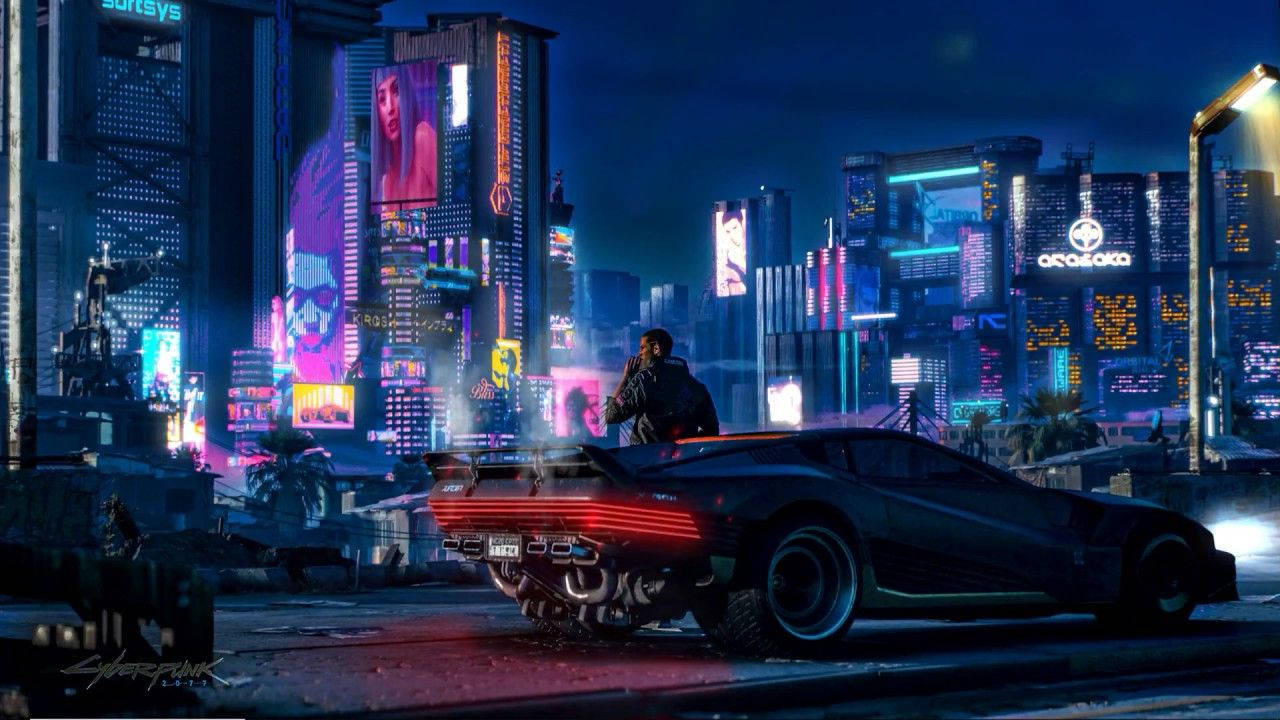 人在未來汽車上，夜晚發光的霓虹城市。