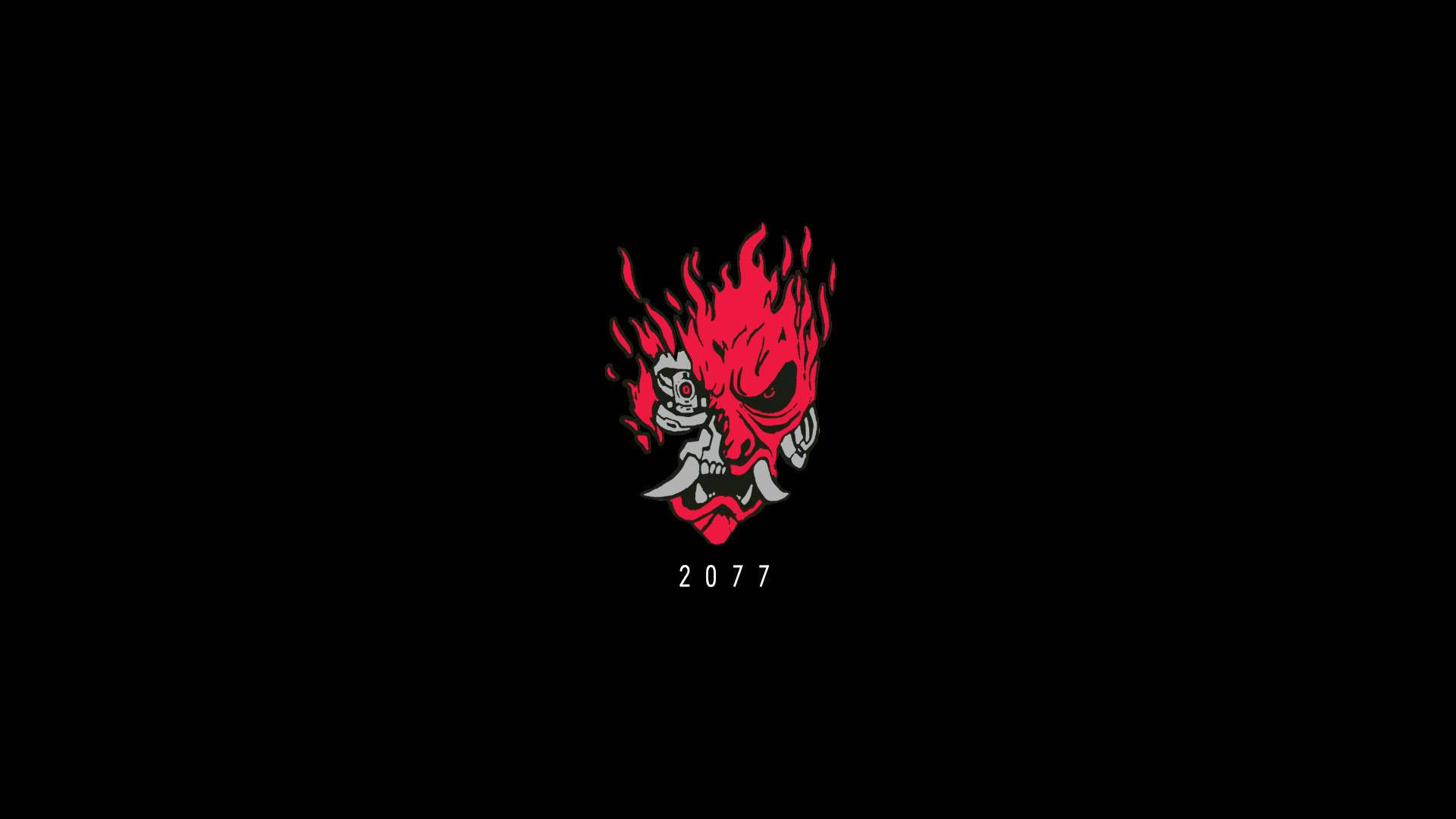紅色惡魔面孔，帶有火焰和牙齒，黑色背景，年份2077。