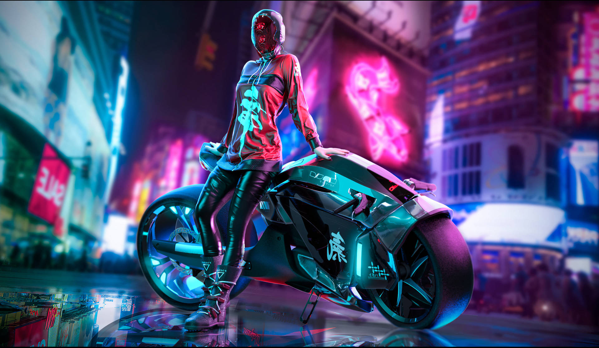 賽博龐克騎士在霓虹燈照亮的城市夜晚騎著發光電單車
