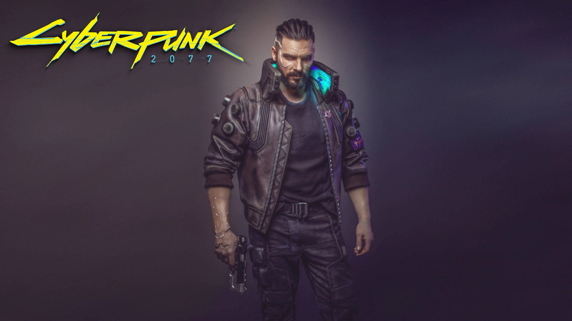 Cyberpunk 2077 角色穿著皮褸，手持帶有發光義體的槍。