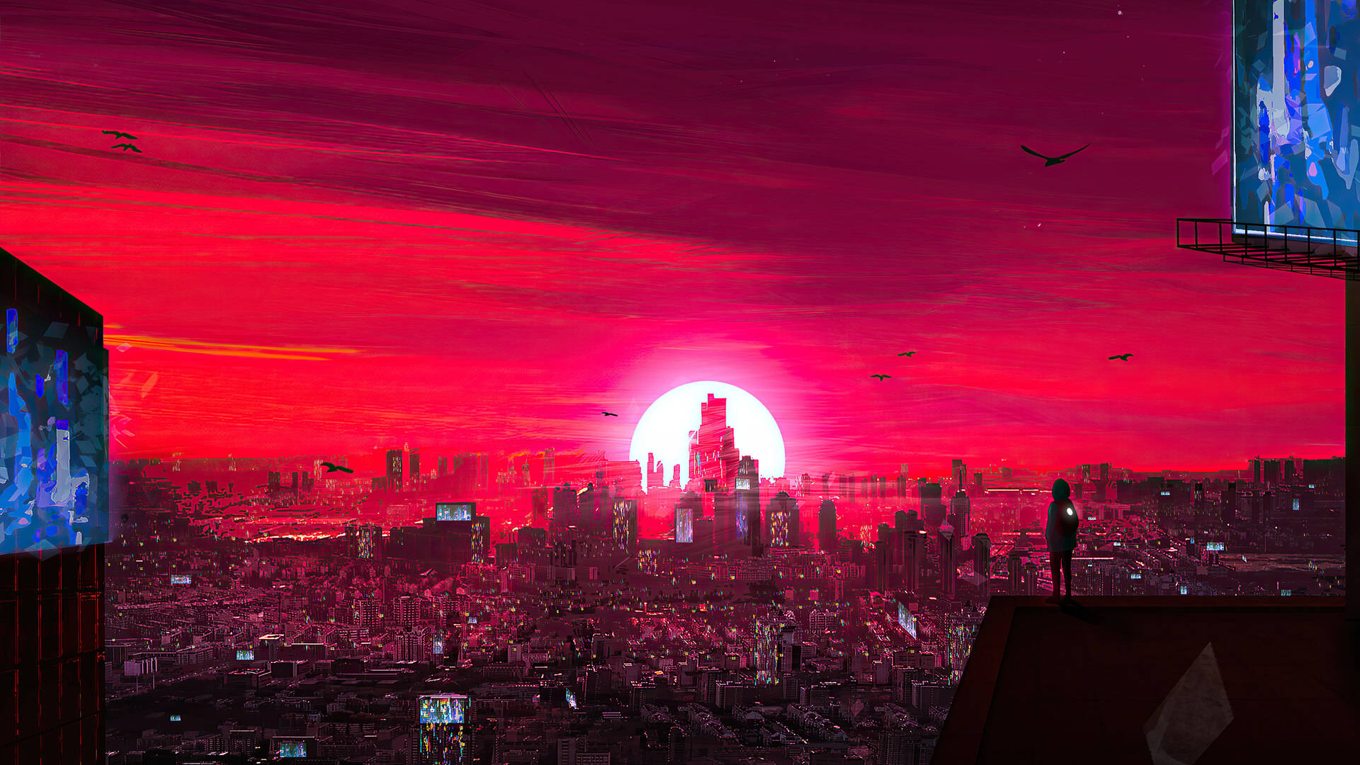 一個人在屋頂上觀看未來城市上空的紅色夕陽的剪影。