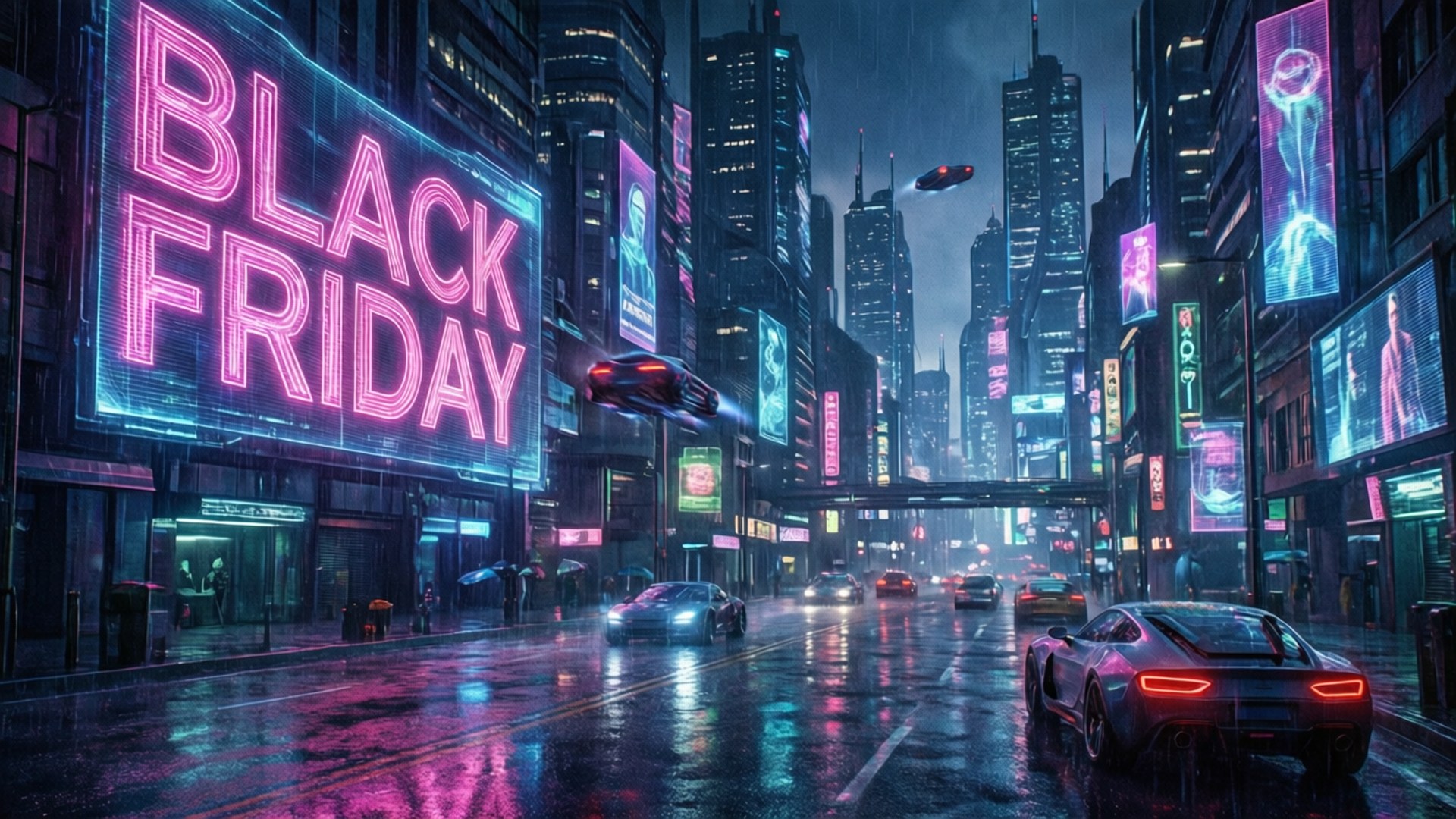 未來城市街道夜晚，霓虹燈牌、飛行汽車和濕漉漉的人行道反射燈光