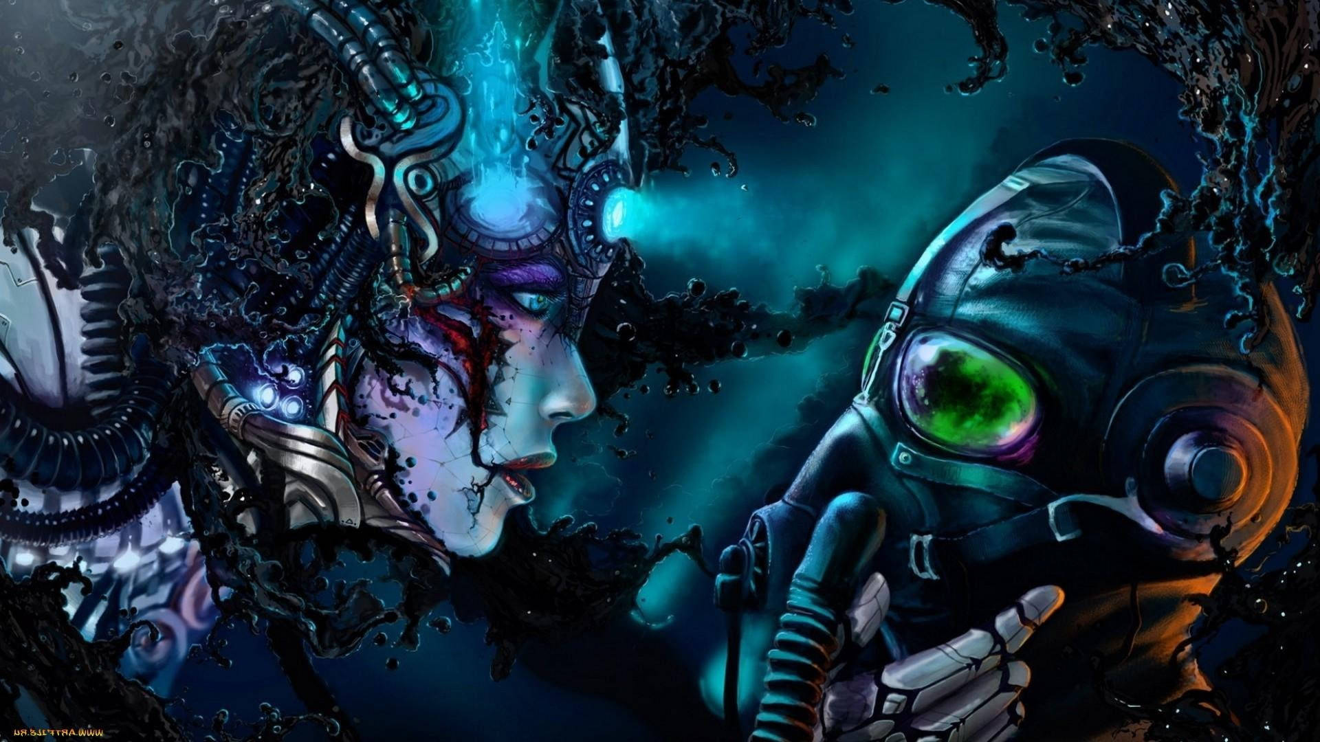 兩個發光眼睛的賽博格生物在水下面對面。
